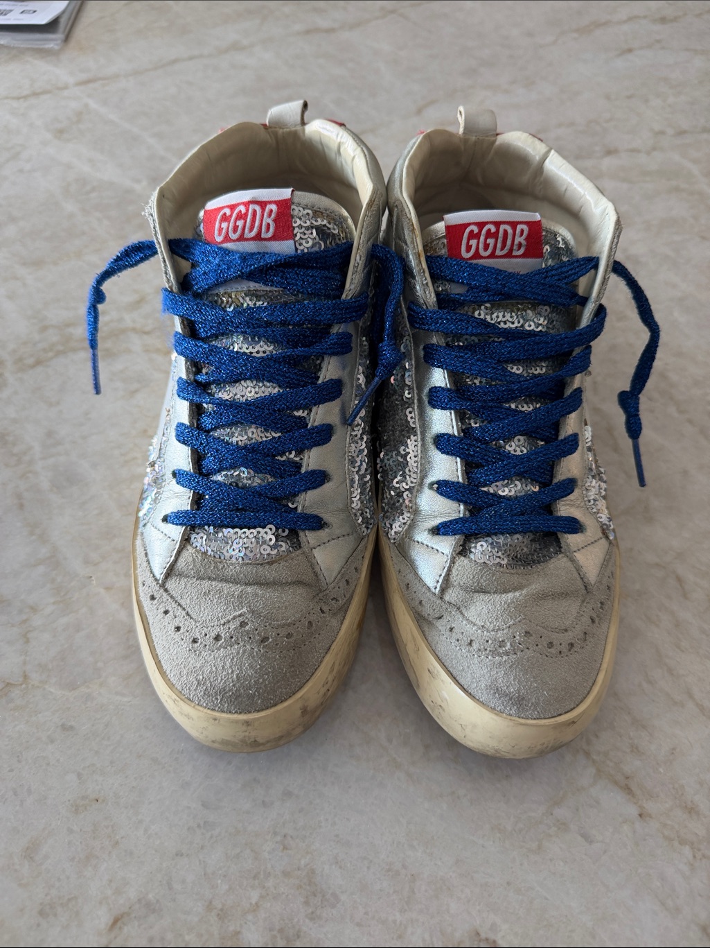 Golden Goose Silver Sequin High-Top Sneakers With Blue Laces